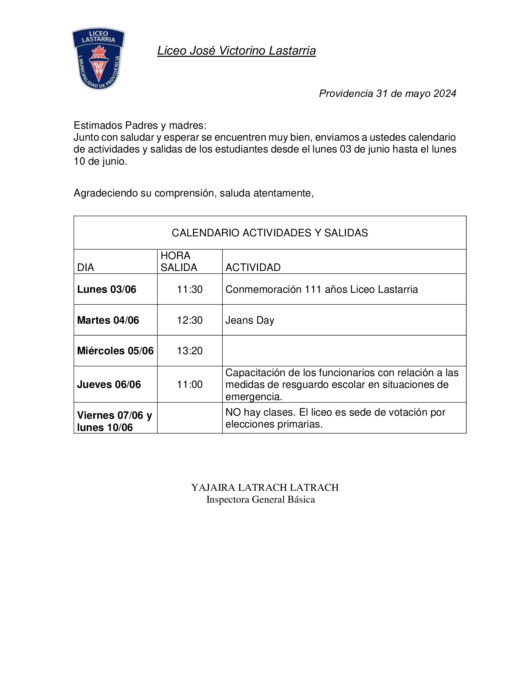 CALENDARIO  ACTIVIDADES Y SALIDAS